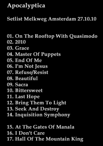 Setlist Apocalyptica Melkweg Amsterdam 27.10.10